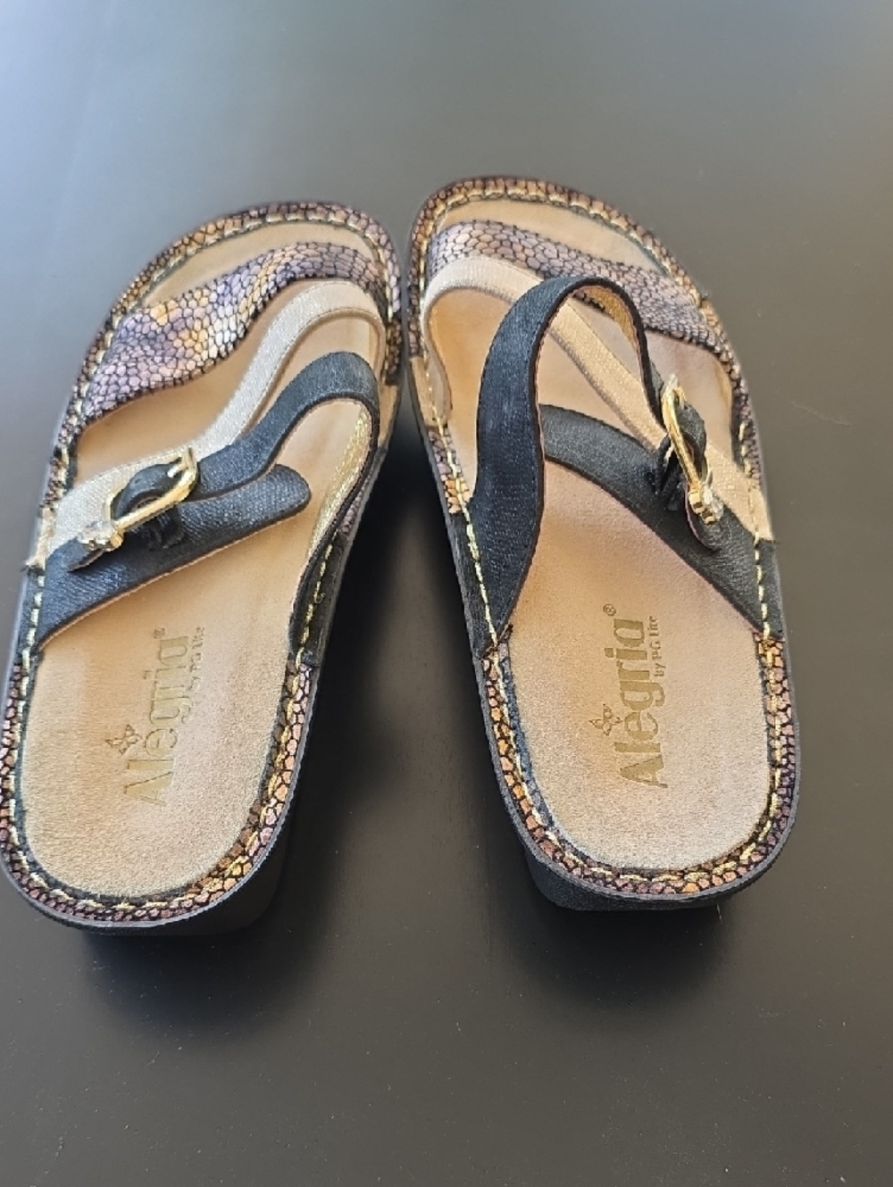 Alegria Black, Beige and Metallic Snake-Print Slide Sandals - Picture 2 of 5